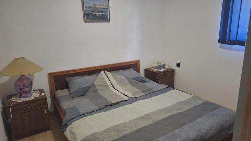 a bedroom with a bed with two night stands and a lamp at Kuća Vranića,Sevojno in Ðurovići
