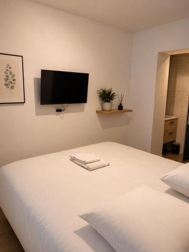 a bedroom with a white bed and a flat screen tv at LE 23 ter in Jarny