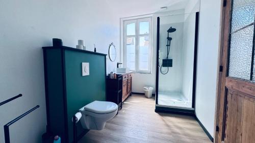 a bathroom with a toilet and a shower and a sink at Le refuge de Boncelles in Seraing