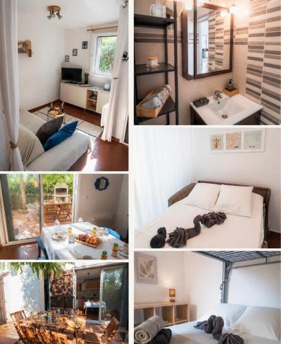 a collage of four pictures of a room at Le Cocon Méditerranéen - Plage à 5 min - Place de Parking - Barbecue - Terrasse in Le Barcarès