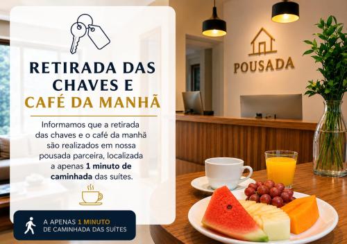 a flyer for a restaurant with a plate of fruit at HMG Morada & Chalet - Centro histórico in Petrópolis