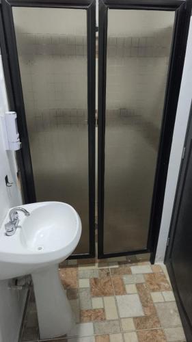 a bathroom with a shower and a white sink at hotel del valle in Coatzacoalcos