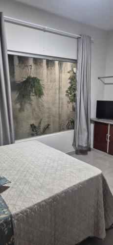 a bedroom with a bed and a large window at Studio Central in Campo Grande