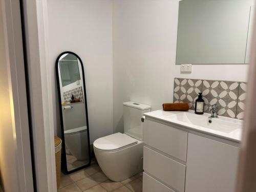 a bathroom with a toilet and a sink and a mirror at Shady Lane - Wallagoot in Jellat Jellat
