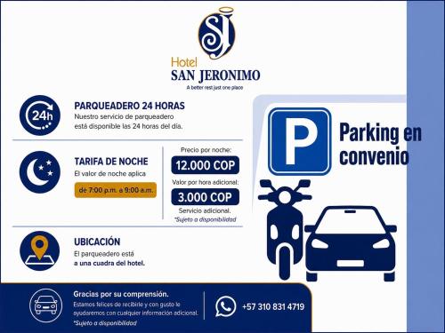a poster of a parking car company with a scooter at Hotel San Jeronimo Armenia in Armenia