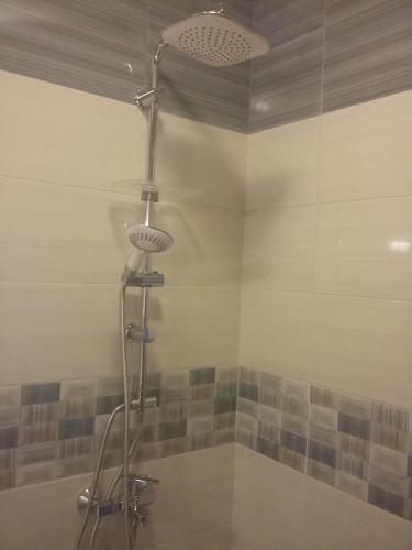 een badkamer met een douche met een douchekop bij Central Studio Maritsa in Plovdiv