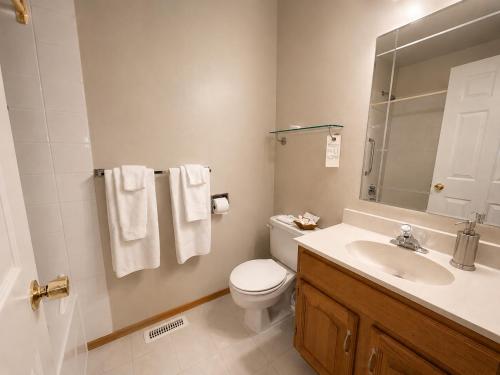a bathroom with a toilet and a sink and a mirror at NEWCASTLE COUNTRY INN in Drumheller