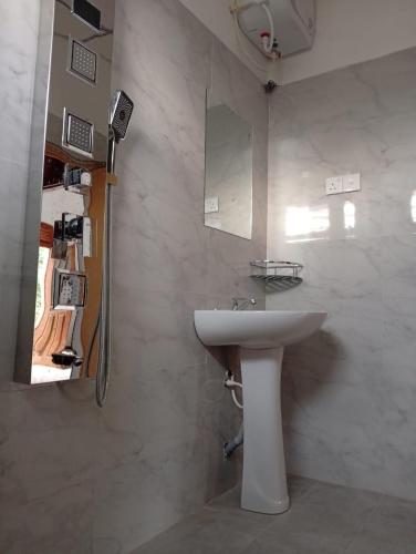 a bathroom with a sink and a mirror at Villa Aloe Vera- Signature Rooms in Weligama
