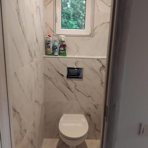 a bathroom with a toilet and a window at The Dacha apartment in Jūrmala