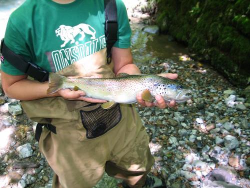 a boy holding a brown trout in his hands at Holiday House Sobol in Kuželj