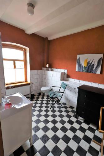 a bathroom with a black and white checkered floor at Ferienhaus Altes Schifferhaus in Oedelsheim