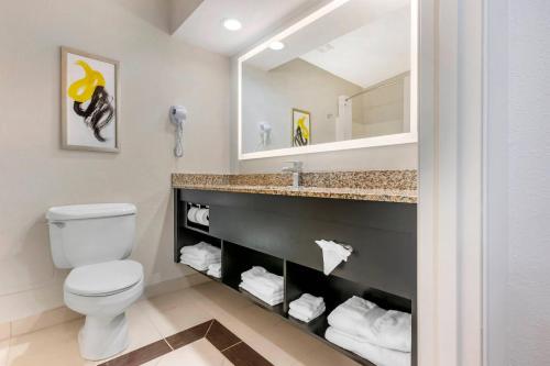 a bathroom with a toilet and a sink and a mirror at Comfort Inn & Suites Saint Louis Lafayette Square in Saint Louis