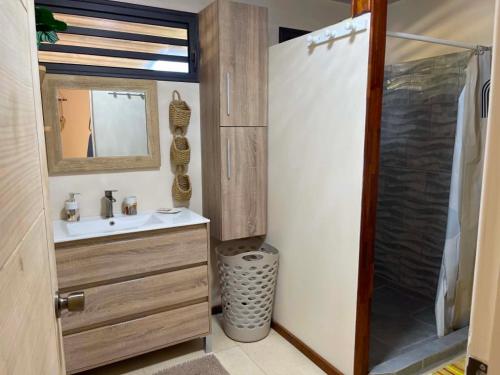 a bathroom with a sink and a shower at Fare Te Vaite in Tikehau Airport