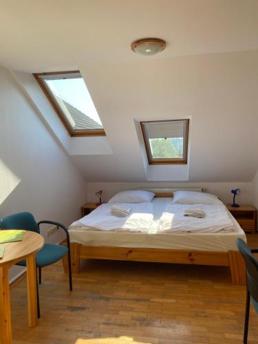 a bedroom with a bed with two skylights at Haus Panorama in Tylkowo