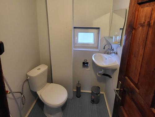 a small bathroom with a toilet and a sink at Вила Беевски in Gela