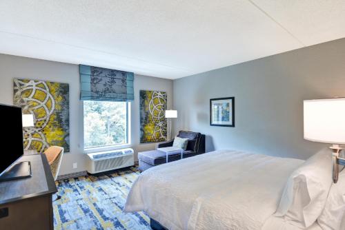 a bedroom with a bed and a chair and a television at Hampton Inn Atlanta Kennesaw in Kennesaw