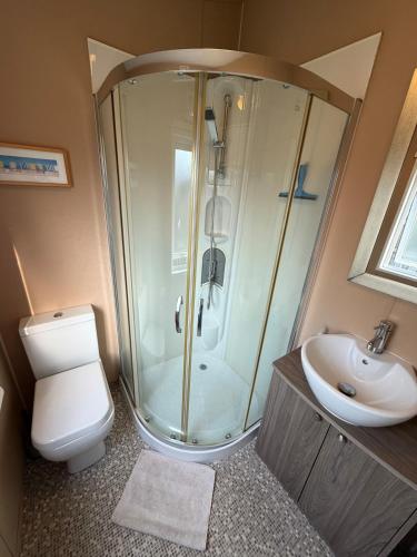 a bathroom with a shower and a toilet and a sink at Southerness Holiday Home Cheri Sleeps 4 Mon-Fri Fri-Mon with Solway Holiday Homes in Mainsriddle