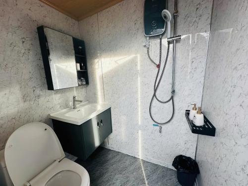 a bathroom with a shower and a toilet and a sink at DaLart Glamping & Coffee in Ấp Ða Lôc