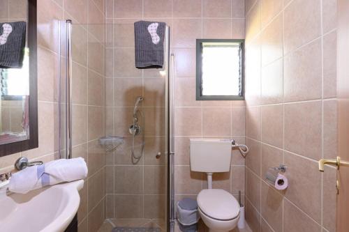 a bathroom with a shower and a toilet and a sink at בינות התמרים- 3 צימרים מהממים עם בריכה וג'קוזי ספא! in Menaẖemya