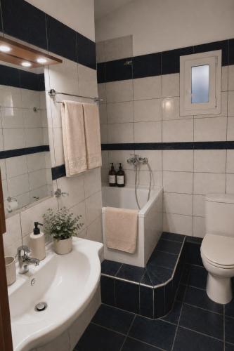 a bathroom with a tub and a sink and a toilet at Eva Maisonette in Iraklitsa