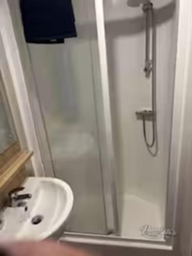 a bathroom with a sink and a shower at Panacci Van - Weymouth Bay in Preston