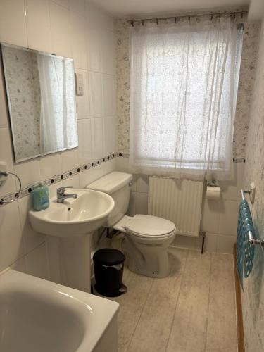 a white bathroom with a toilet and a sink at Upper Cottage, Brixham in Brixham