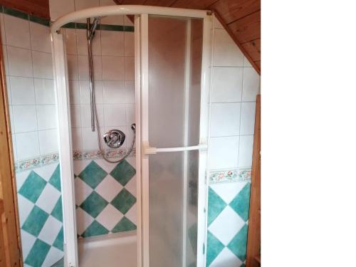 a shower with a glass door in a bathroom at Ferienhaus Nebenan Plus in Ebern