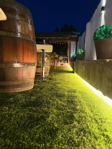 a garden with a green lawn at night at La Casita del Tejar in Cardiel de los Montes