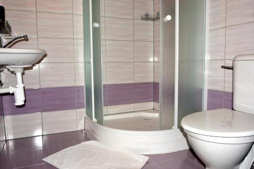 uma casa de banho com um chuveiro, um WC e um lavatório. em Penzion a restaurace U Strnada em Klatovy