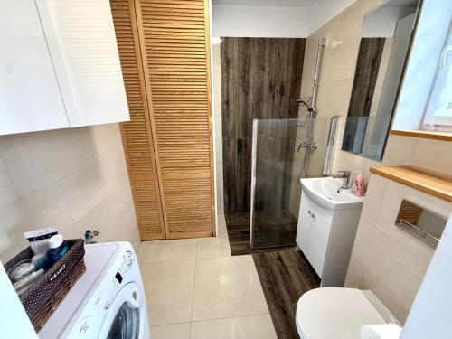 a bathroom with a washing machine and a sink at Chabrowy Domek in Jeżów Sudecki