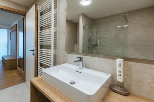 a bathroom with a white sink and a mirror at Alp Pension in Bled