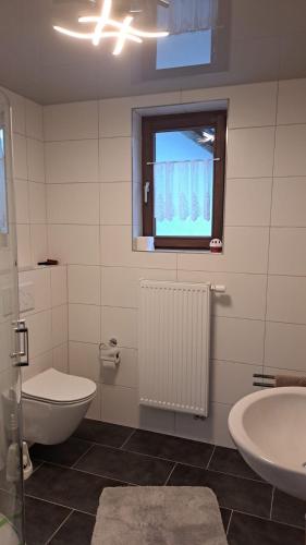 a bathroom with a sink and a toilet and a window at Haus Linde in Wengenroth