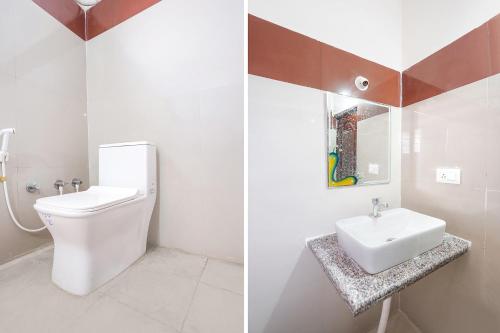 two pictures of a bathroom with a toilet and a sink at FabHotel Saanidhya Comforts - Tumkur Road in Kunigal