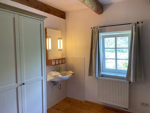 a bathroom with a sink and a window at Alter Gutshof Papstdorf in Papstdorf