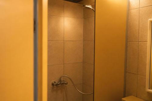 a shower with a shower head in a bathroom at Chalet Ardennen The Great Hill in Amblève