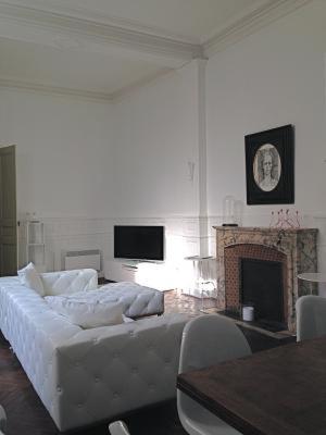 een woonkamer met een witte bank en een open haard bij Appartement Maison Aubanel in Avignon