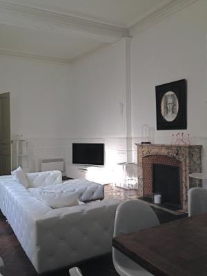 un salon avec un canapé blanc et une cheminée dans l'établissement Appartement Maison Aubanel, à Avignon