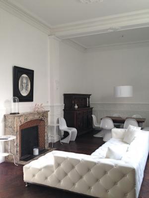 een woonkamer met een witte bank en een open haard bij Appartement Maison Aubanel in Avignon