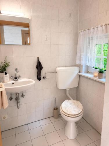 a white bathroom with a toilet and a sink at Apartment Auszeit in Ulrichstein