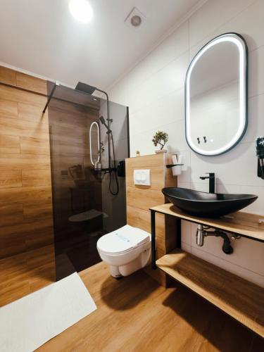 a bathroom with a sink and a toilet and a mirror at Tiona in Nova Gradiška