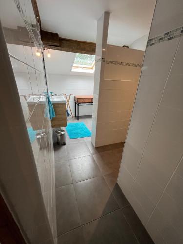 a bathroom with a shower with a glass door at Liabaquet Gîtes in Sarlande