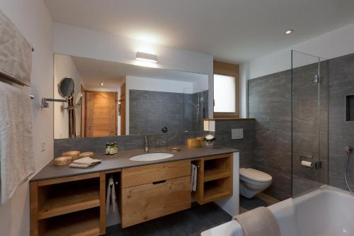 ein Bad mit einem Waschbecken, einem WC und einer Dusche in der Unterkunft Chalet Banja in Zermatt