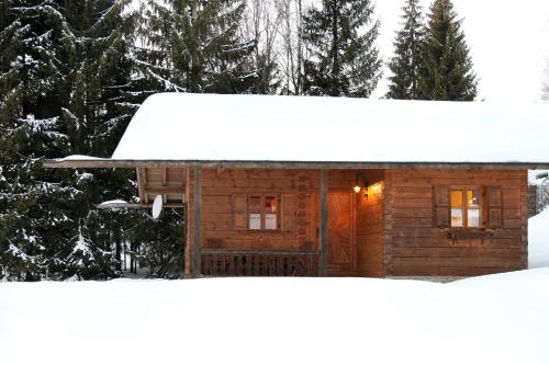 een blokhut met sneeuw op het dak bij Ferienhaus Bärenhöhle in Spiegelau