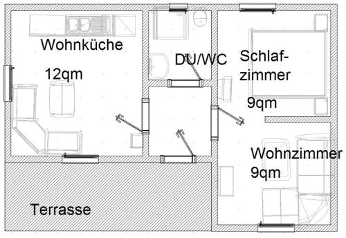 a floor plan of a house with the names at Ferienhaus Bärenhöhle in Spiegelau