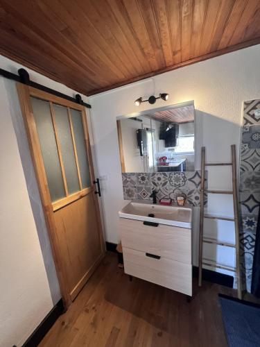 a bathroom with a sink and a mirror and a ladder at Gîte du Riou Sec in La Roque-Sainte-Marguerite