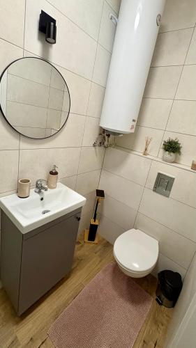 a bathroom with a toilet and a sink and a mirror at Apartament Wichrowy in Rowy