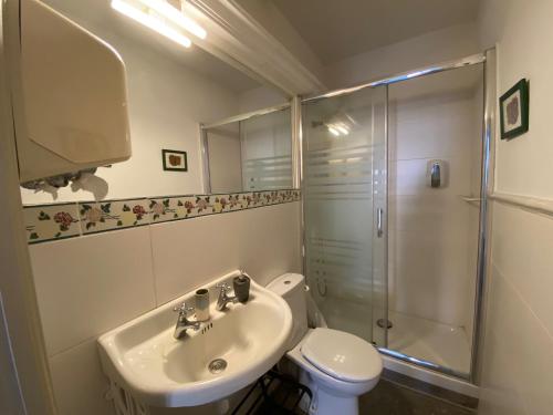 a bathroom with a toilet and a sink and a shower at El balcó de la plaça de la font in Tarragona