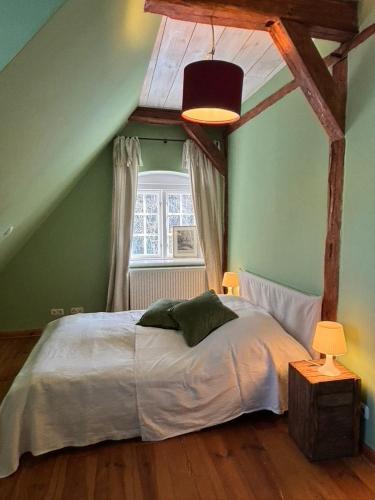 a bedroom with a large bed in a green wall at Charlottenhof in Wangels