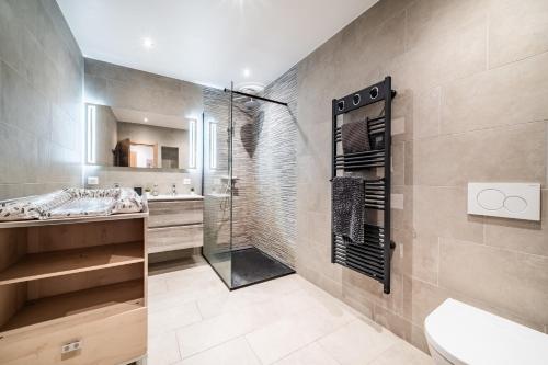 a bathroom with a shower and a toilet and a sink at Cosy House in Sillingy