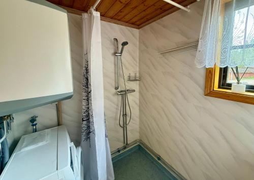 a shower in a bathroom with a sink at Ytterbo in Hultsfred